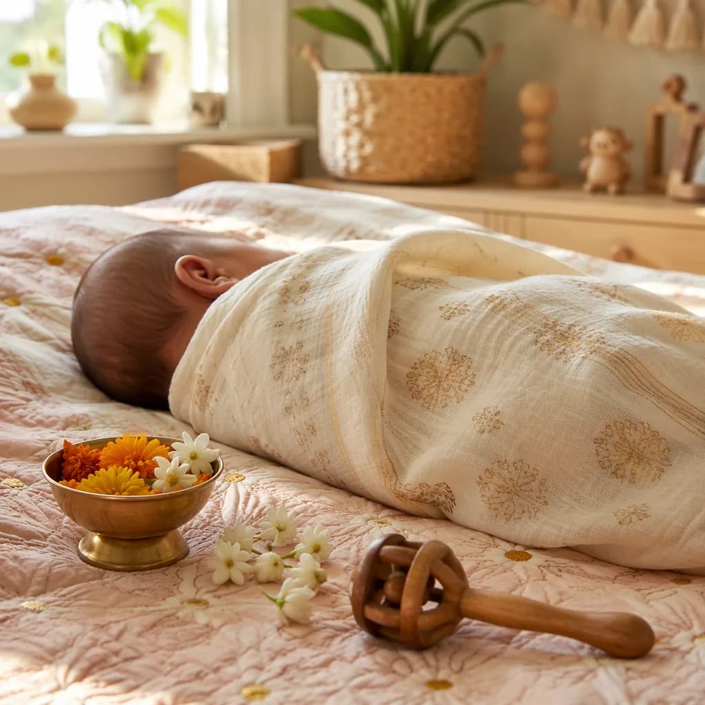 A serene Bengali-inspired nursery scene with a swaddled baby, soft flowers, and warm natural light.