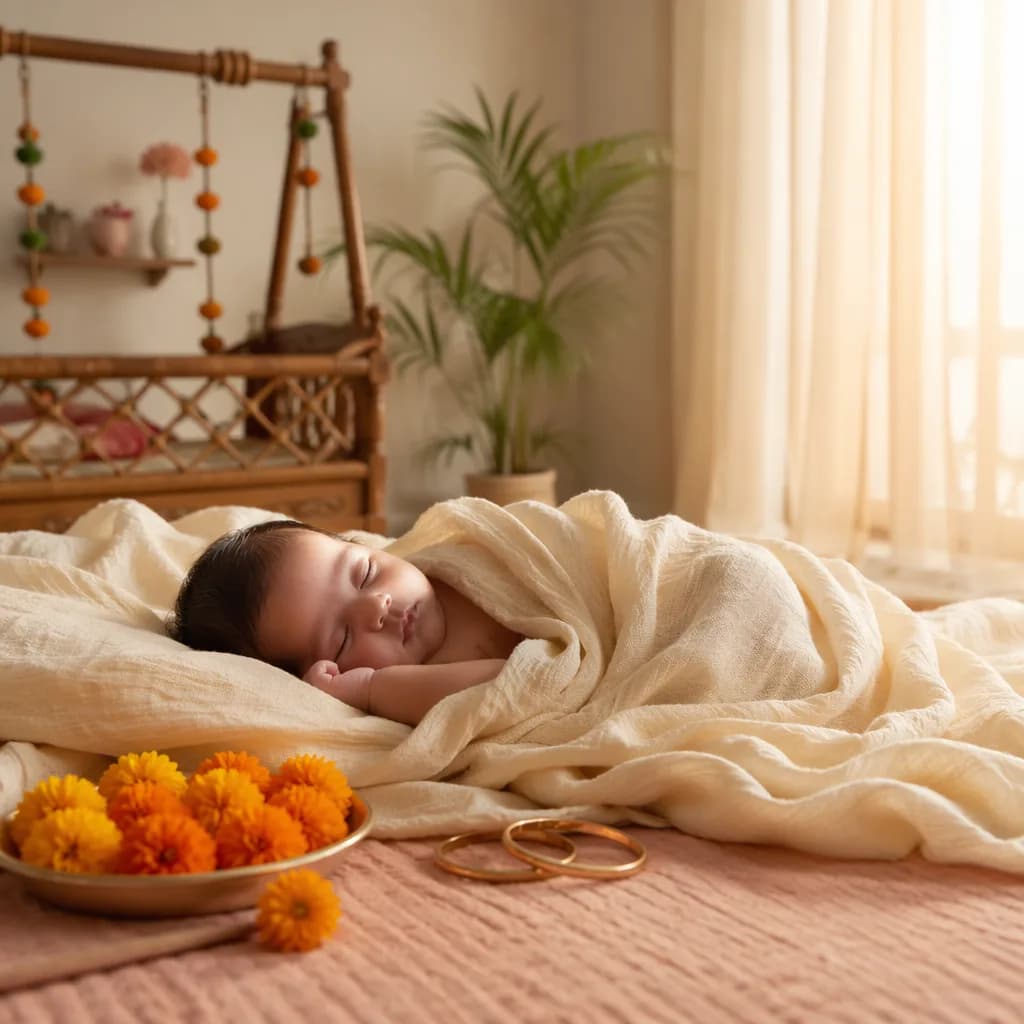 A peaceful baby nursery with soft pastels, marigolds, and warm natural light evoking prosperity.