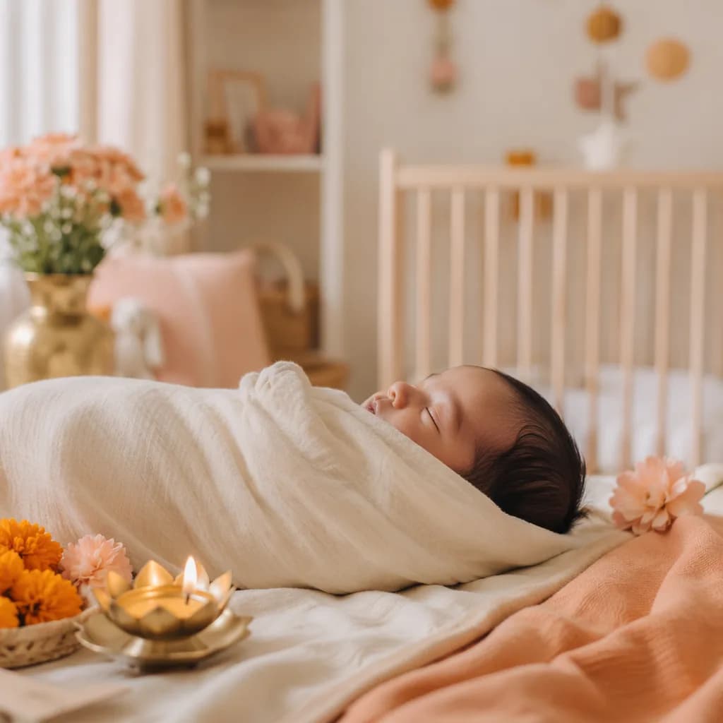 A peaceful swaddled baby in a soft pastel nursery with warm floral and saffron accents.