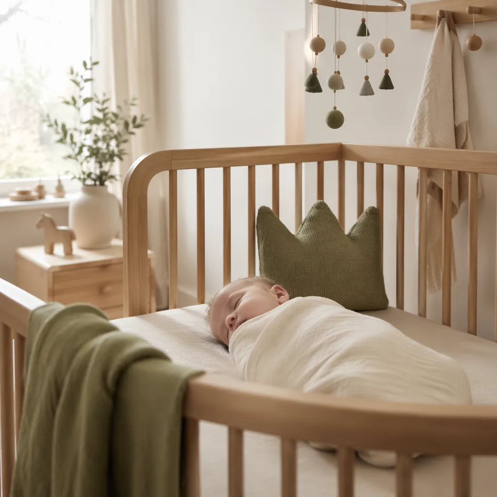A peacefully sleeping baby in a soft pastel nursery with a small knitted crown cushion.