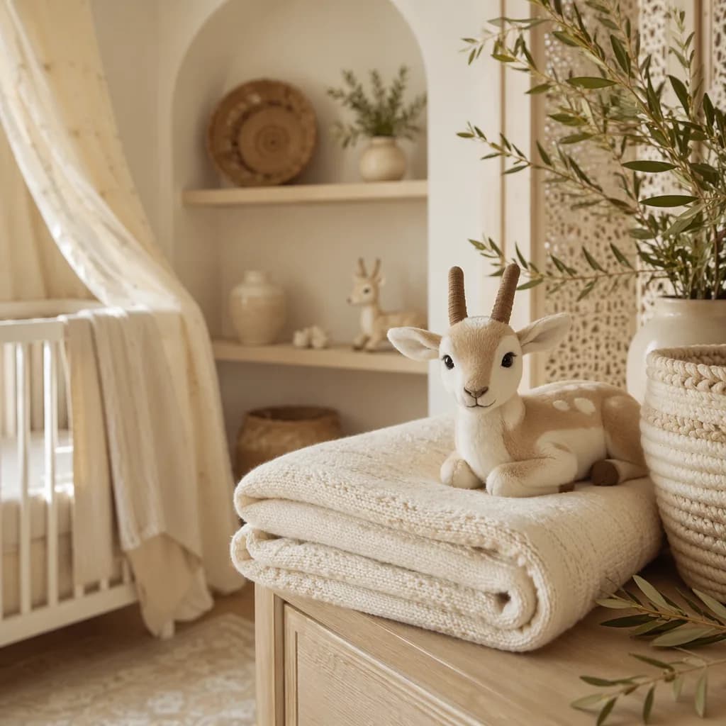 Soft pastel nursery still life with a plush gazelle, baby blanket, and olive branch accents.