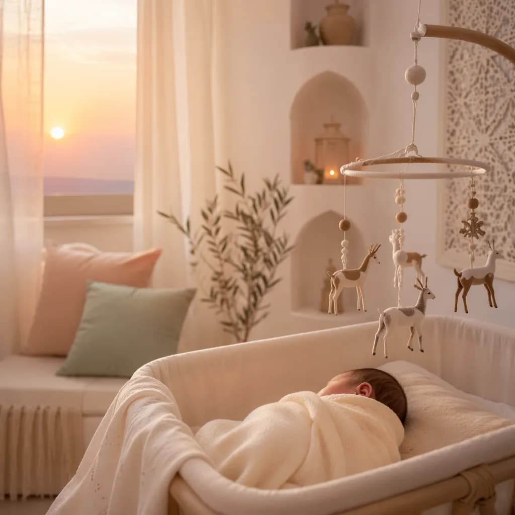 Soft dawn-lit Arabic nursery with a peacefully sleeping newborn and delicate gazelle-inspired decor.
