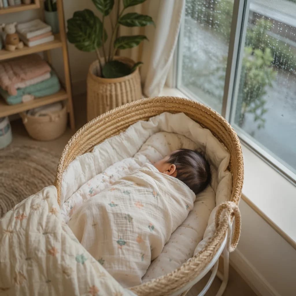 A softly lit nursery with a swaddled sleeping baby and rain on the window.