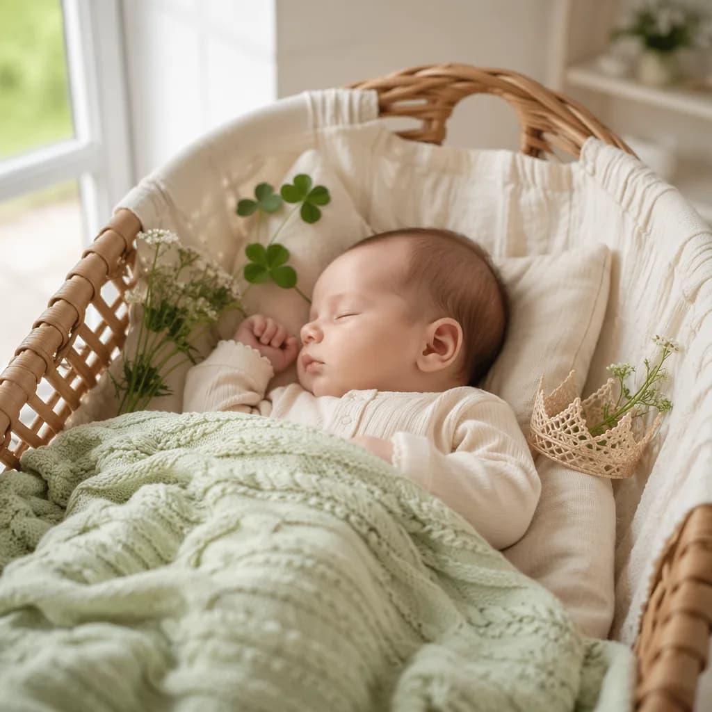 Sleeping baby in a soft Irish-inspired nursery with pastel green accents and wildflowers.