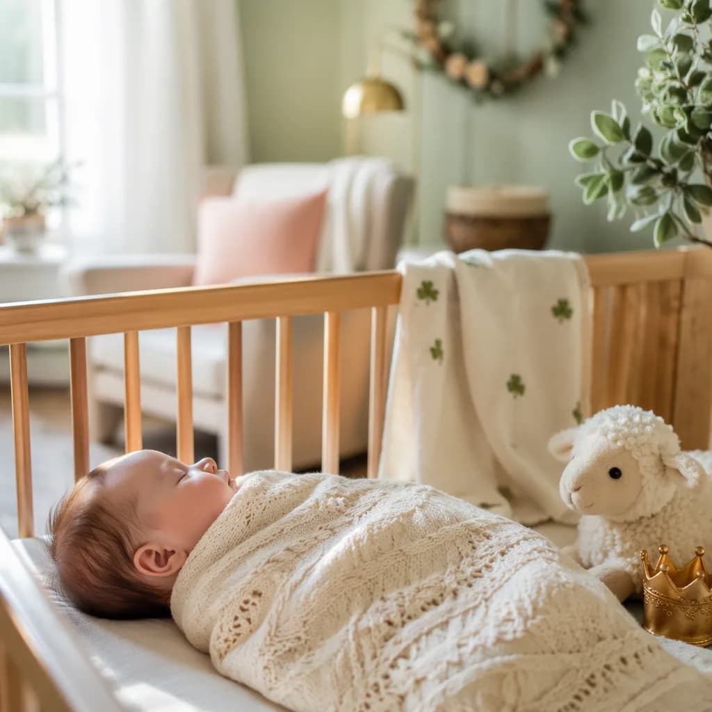 A softly lit Irish-inspired nursery with a sleeping baby, shamrock details, a lamb toy, and a small crown ornament.