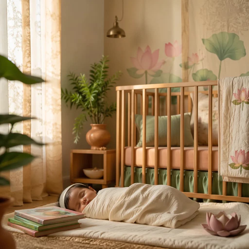 Sleeping swaddled baby in a warm pastel nursery with lotus-inspired decor and soft natural light.