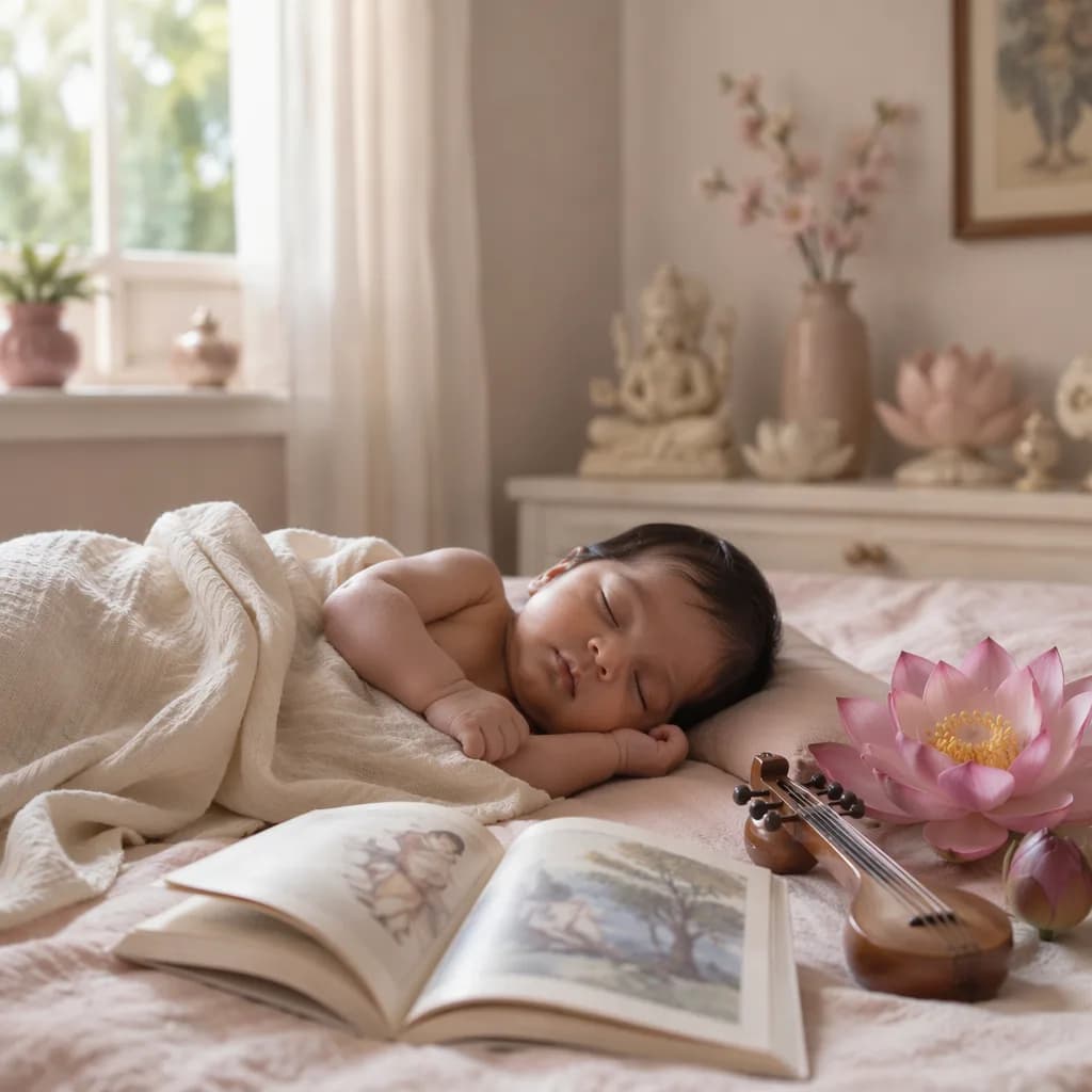 Soft pastel nursery scene with a sleeping baby, lotus flowers, and gentle Sanskrit-inspired details.