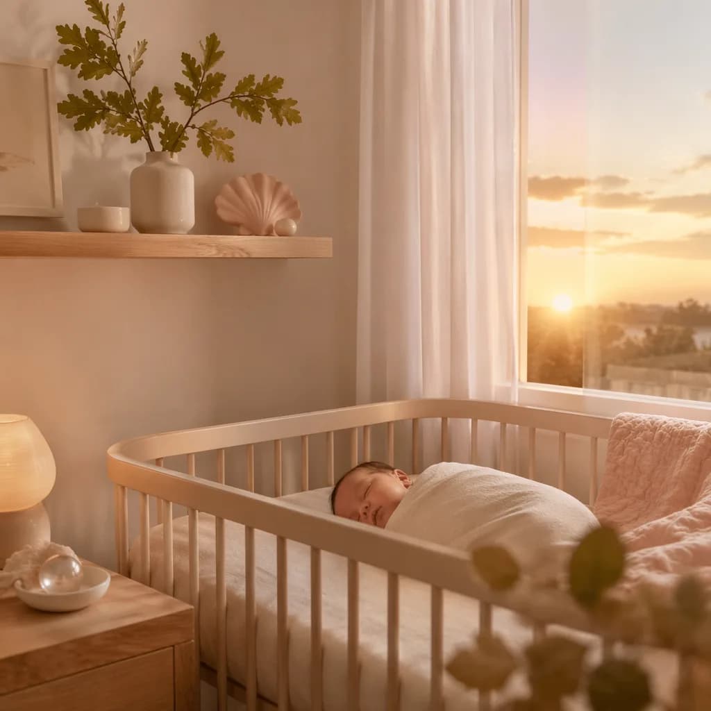 A peaceful pastel nursery at dawn with a swaddled baby and subtle pearl and oak leaf details.