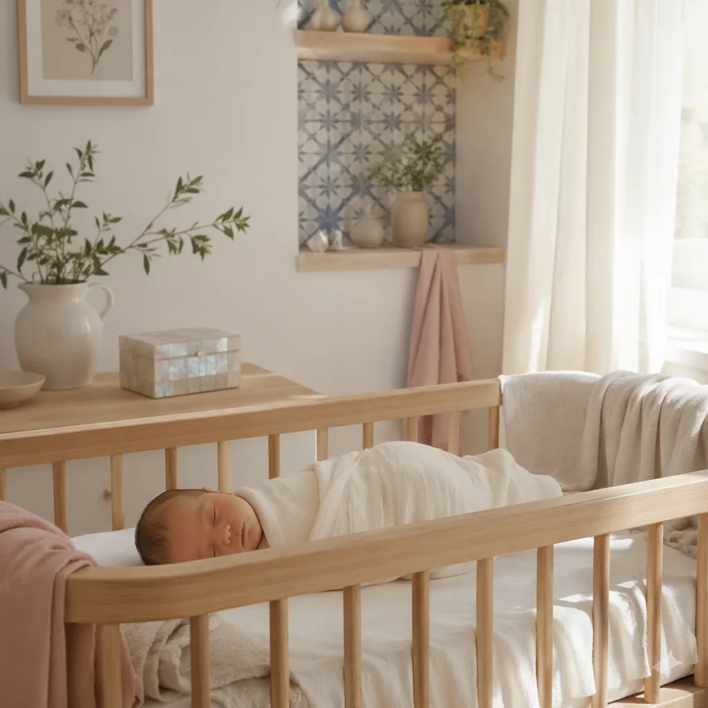Peaceful swaddled baby in a soft pastel Portuguese-inspired nursery.