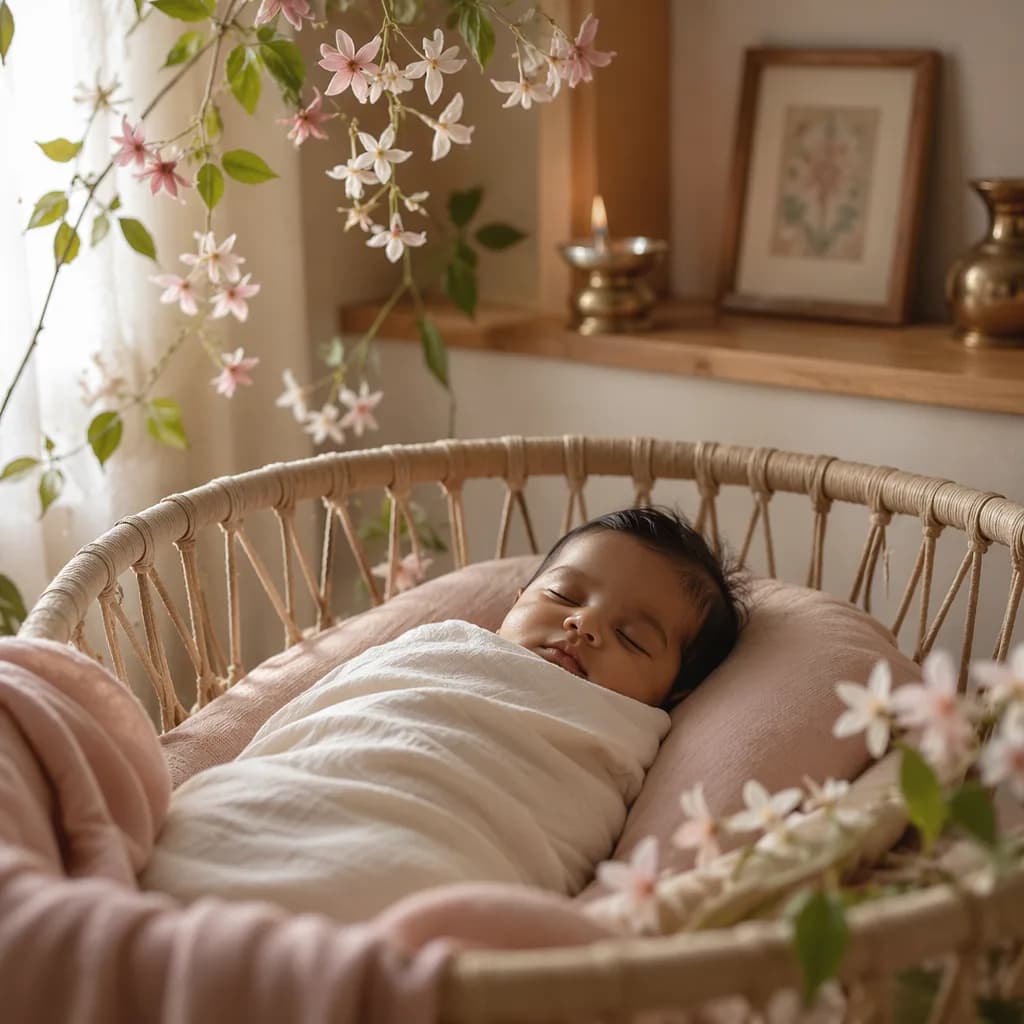 Sleeping swaddled baby in a warm pastel nursery with delicate floral accents.