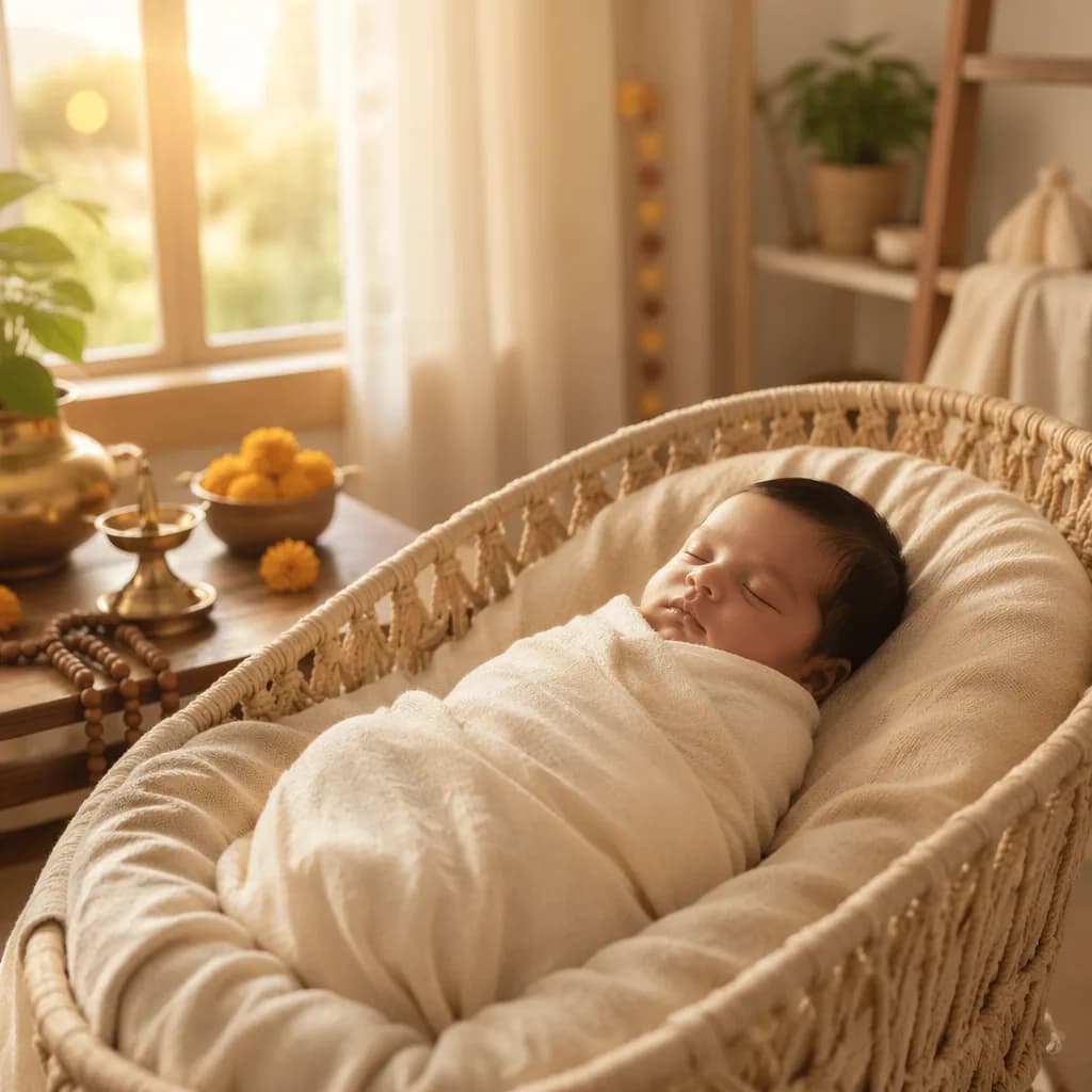 A swaddled newborn in a warm sunlit nursery with subtle Sanskrit-inspired ritual decor.