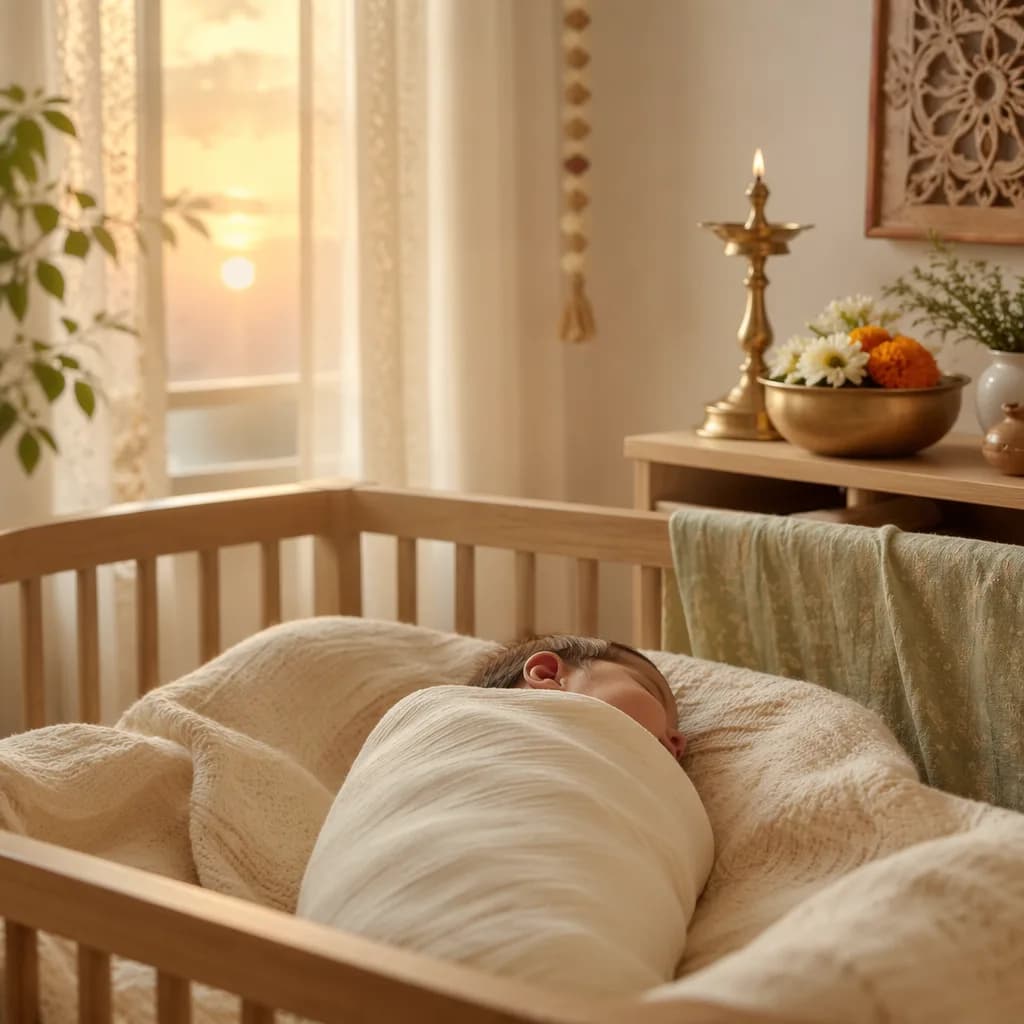 A softly lit nursery at dawn with a swaddled newborn and gentle Indian-inspired decor.