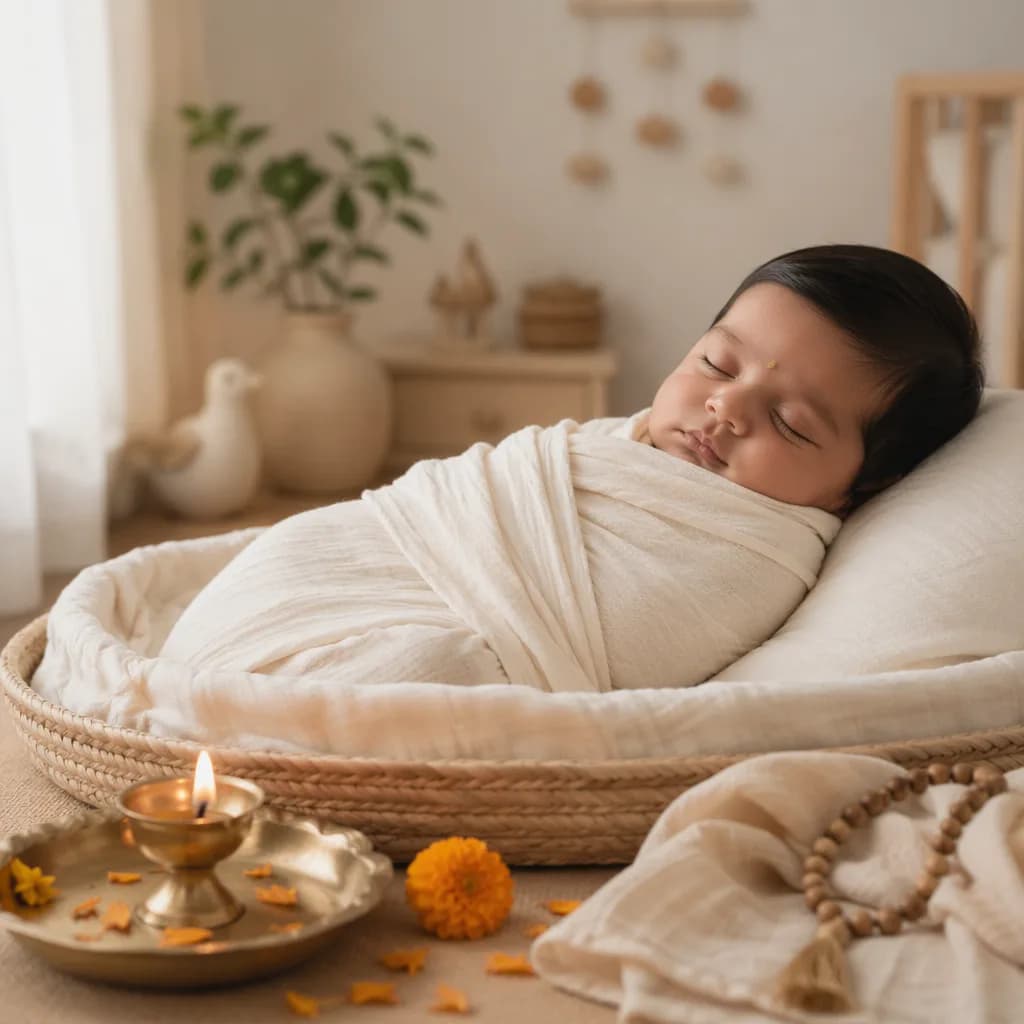Peaceful swaddled baby in a warm nursery with soft ritual-inspired decor.