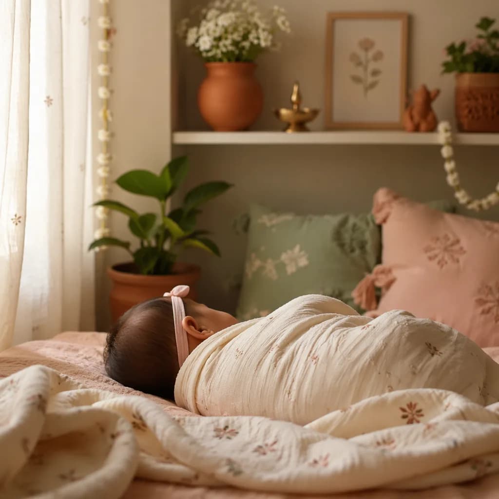 A softly lit pastel nursery with a swaddled baby, jasmine flowers, and warm Indian-inspired decor.