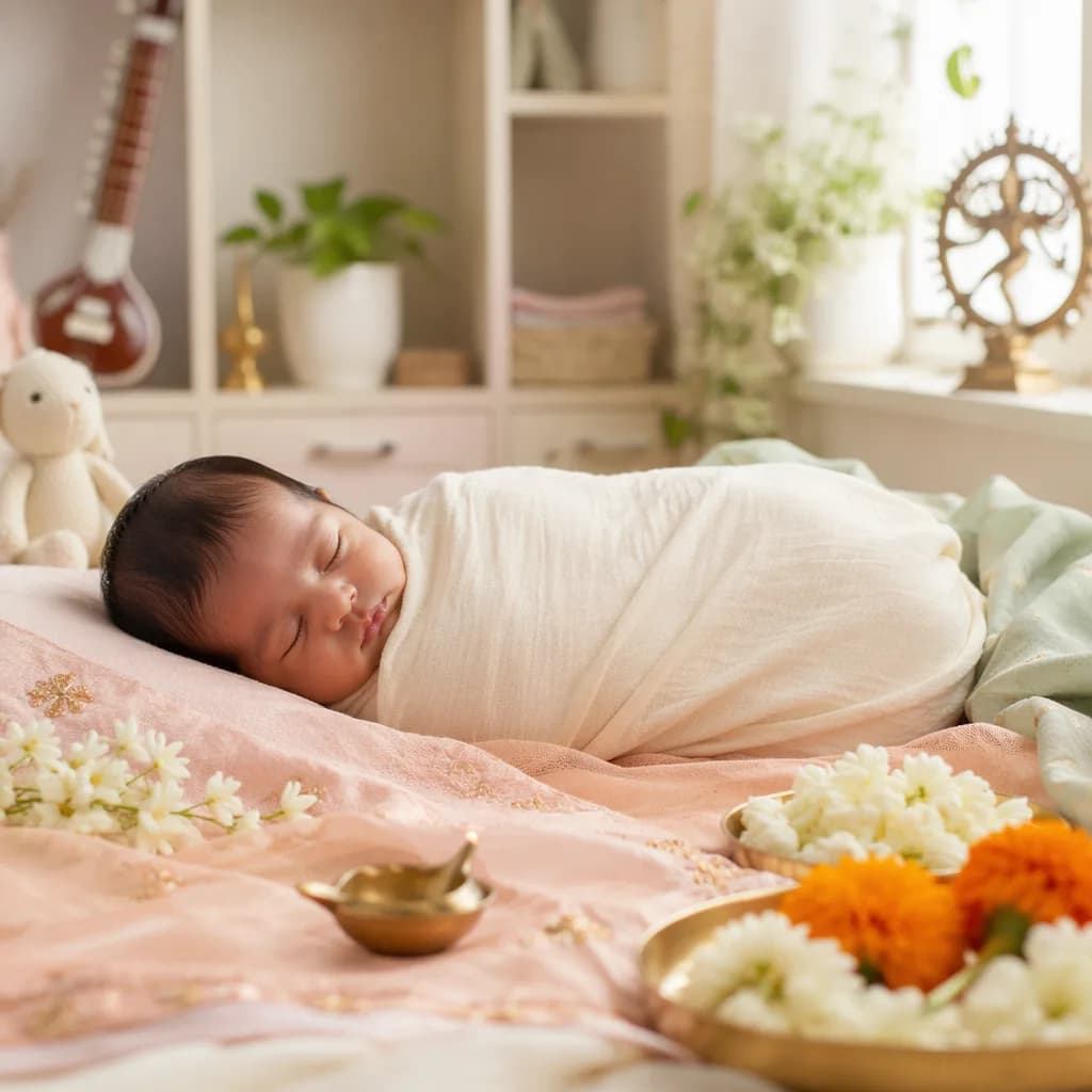A softly lit nursery scene with a swaddled newborn and gentle Indian-inspired floral details.