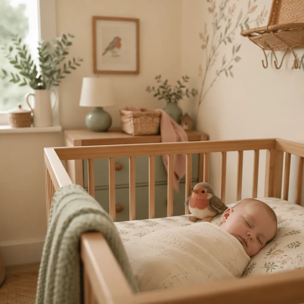 A softly lit nursery with a sleeping swaddled baby and a small robin-themed plush toy.