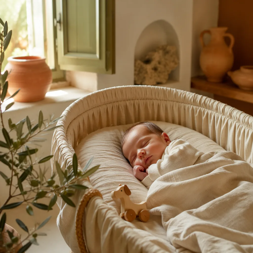 Sleeping newborn in a warm Italian-inspired nursery with soft pastel accents.