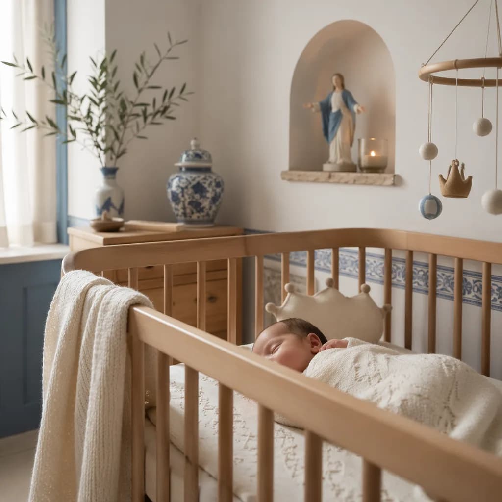 Sleeping baby in a soft Portuguese-inspired nursery with gentle light and cozy pastel details.
