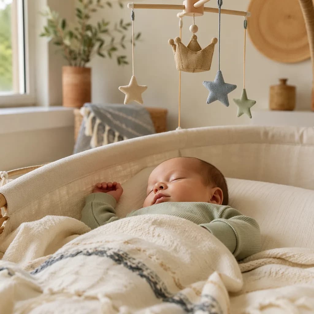 Sleeping baby in a soft Spanish-inspired nursery with a wooden crown detail.