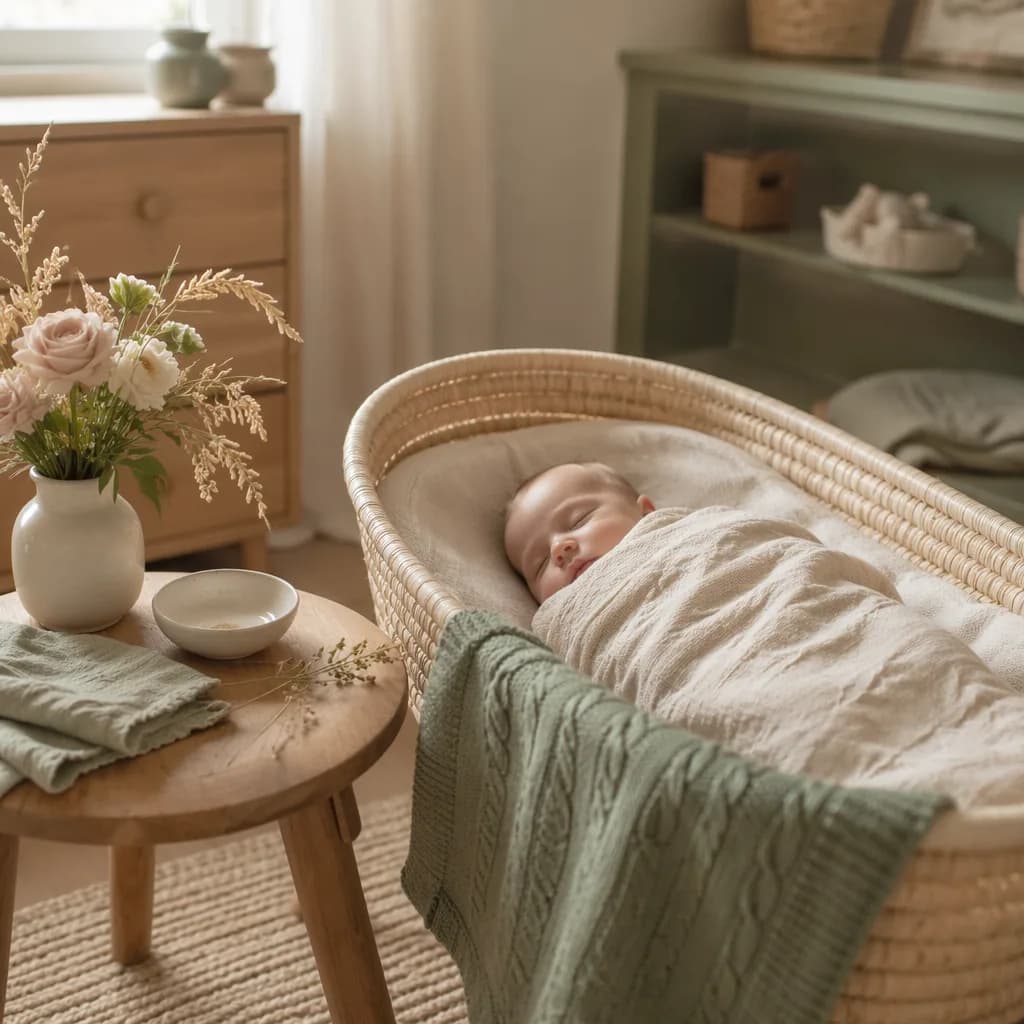 Soft Irish-inspired nursery with a swaddled sleeping baby, pale roses, and oat sprigs.