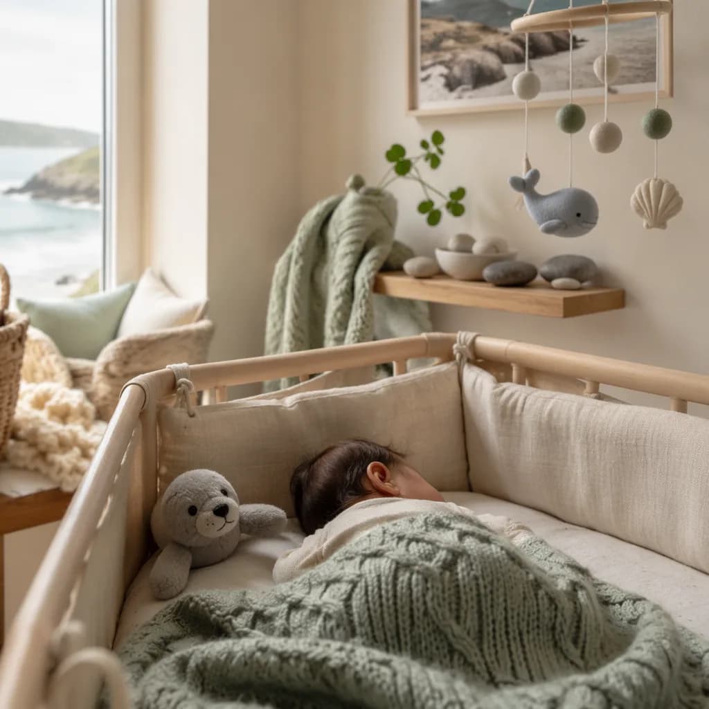 Soft Irish coastal nursery with a sleeping baby and plush seal toy.