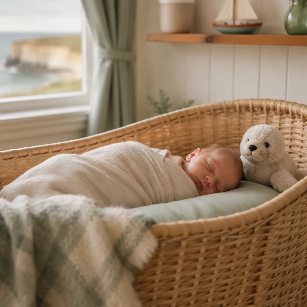 Sleeping Irish baby in a cozy pastel nursery with a plush seal toy.