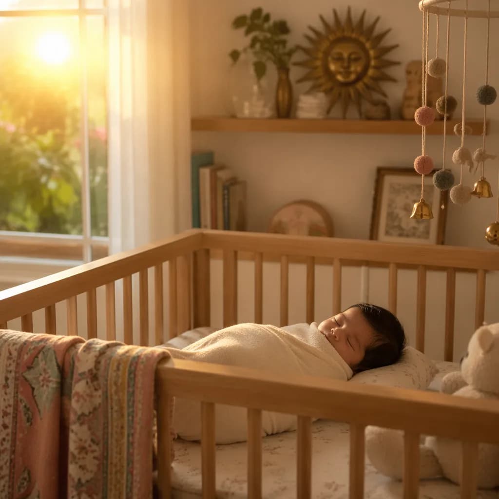 A peacefully sleeping baby in a sunlit modern nursery with soft Indian-inspired decor.