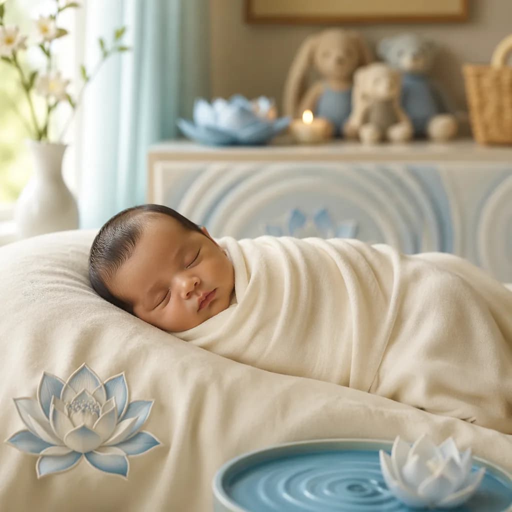Sleeping newborn in a soft blue-accented nursery with lotus-inspired decor.
