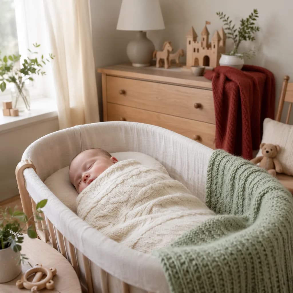 Sleeping baby in a cozy Irish-inspired nursery with soft green and warm rust accents.