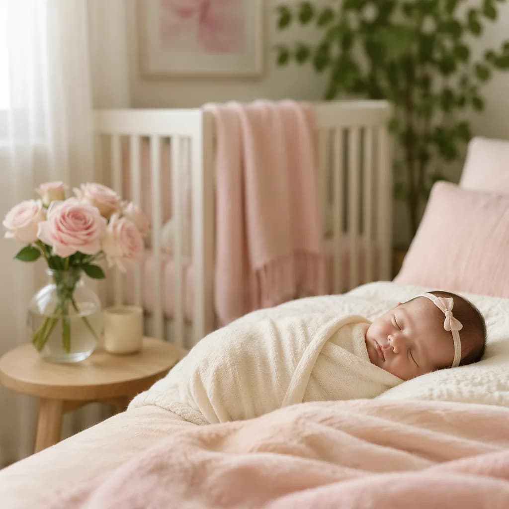 A cozy pastel nursery with a swaddled sleeping baby and pale pink roses.