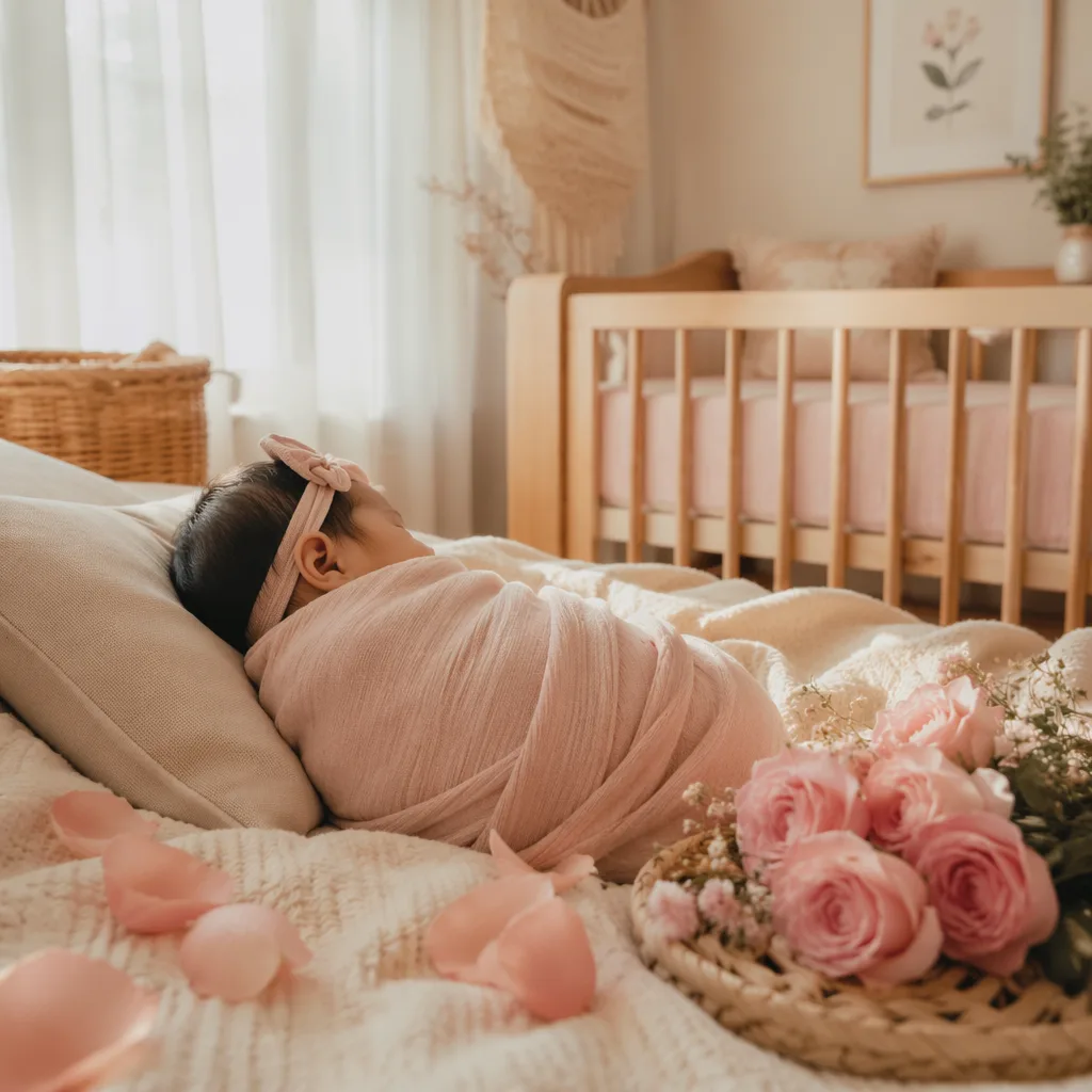 A peaceful Filipino baby in a blush nursery with soft pink roses nearby.
