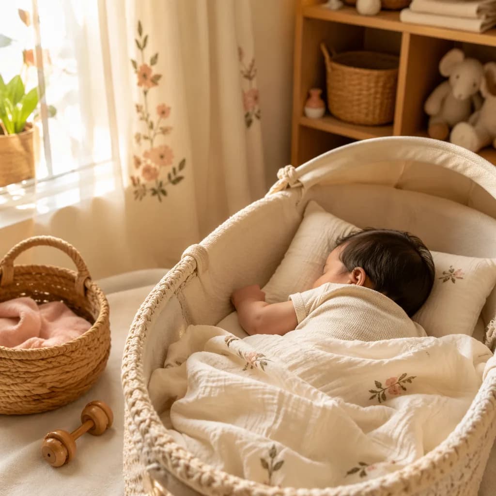 A peaceful baby in a softly lit pastel nursery with warm morning light.