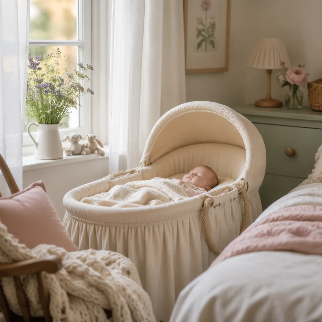 A peaceful pastel nursery with a sleeping baby in soft natural light.