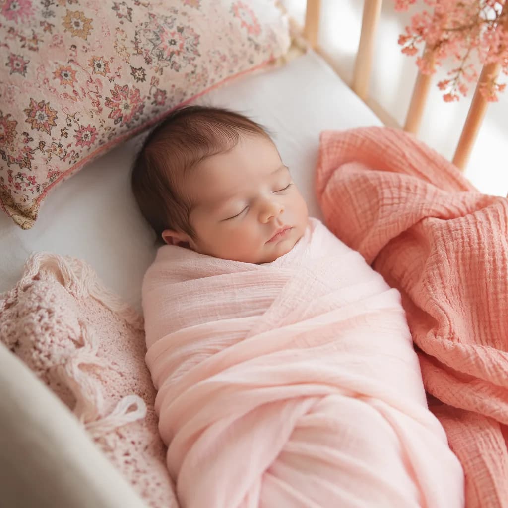 Sleeping baby in a soft pastel nursery with coral and Persian-inspired accents.