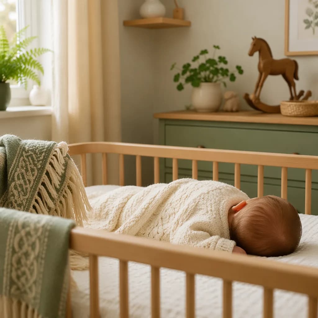 Cozy Irish-inspired nursery with a sleeping baby, soft auburn hair, and gentle pastel decor.