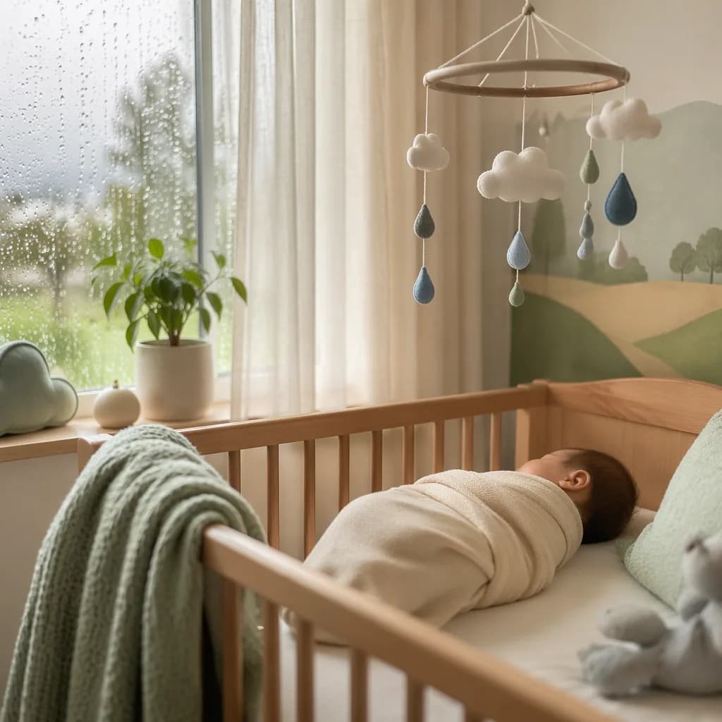 A peaceful pastel nursery with a sleeping swaddled baby near a rain-lit window.