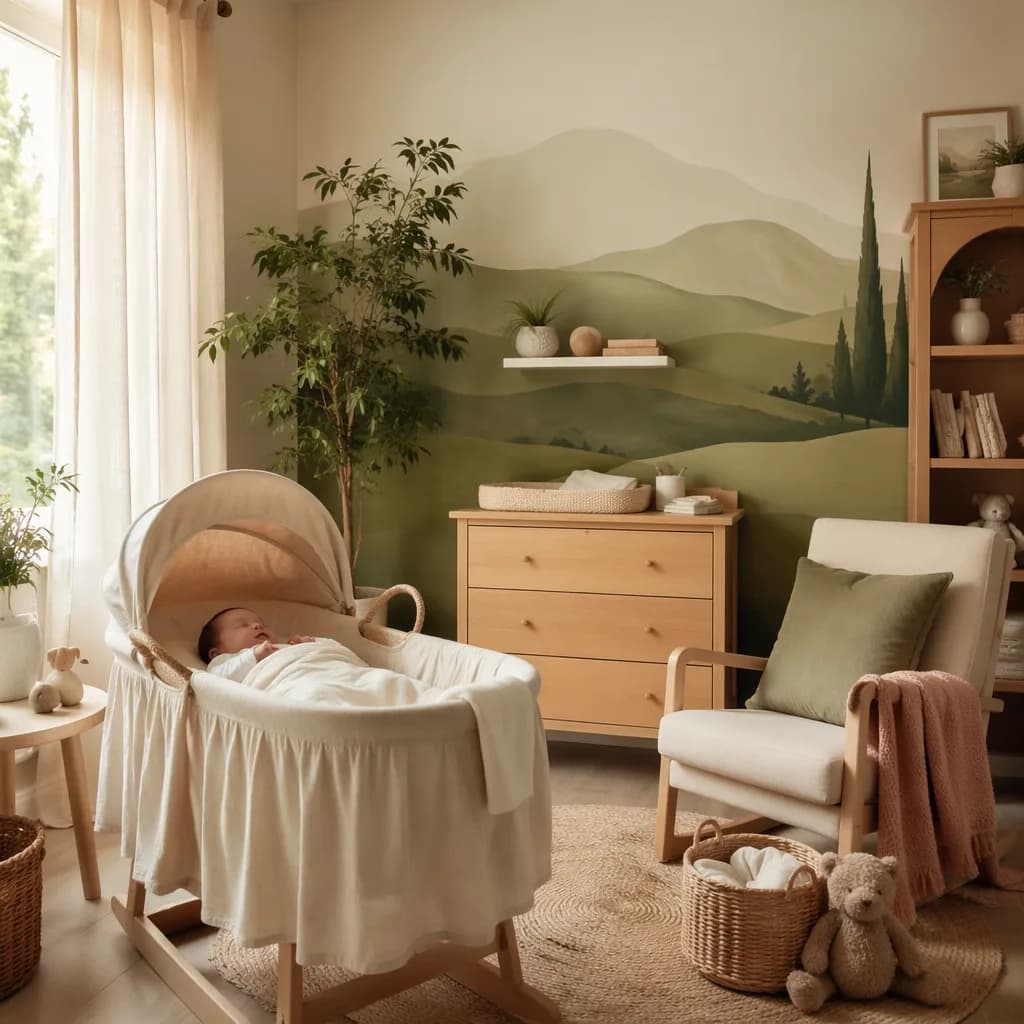 Soft pastel nursery with a sleeping baby and gentle hill-inspired decor.