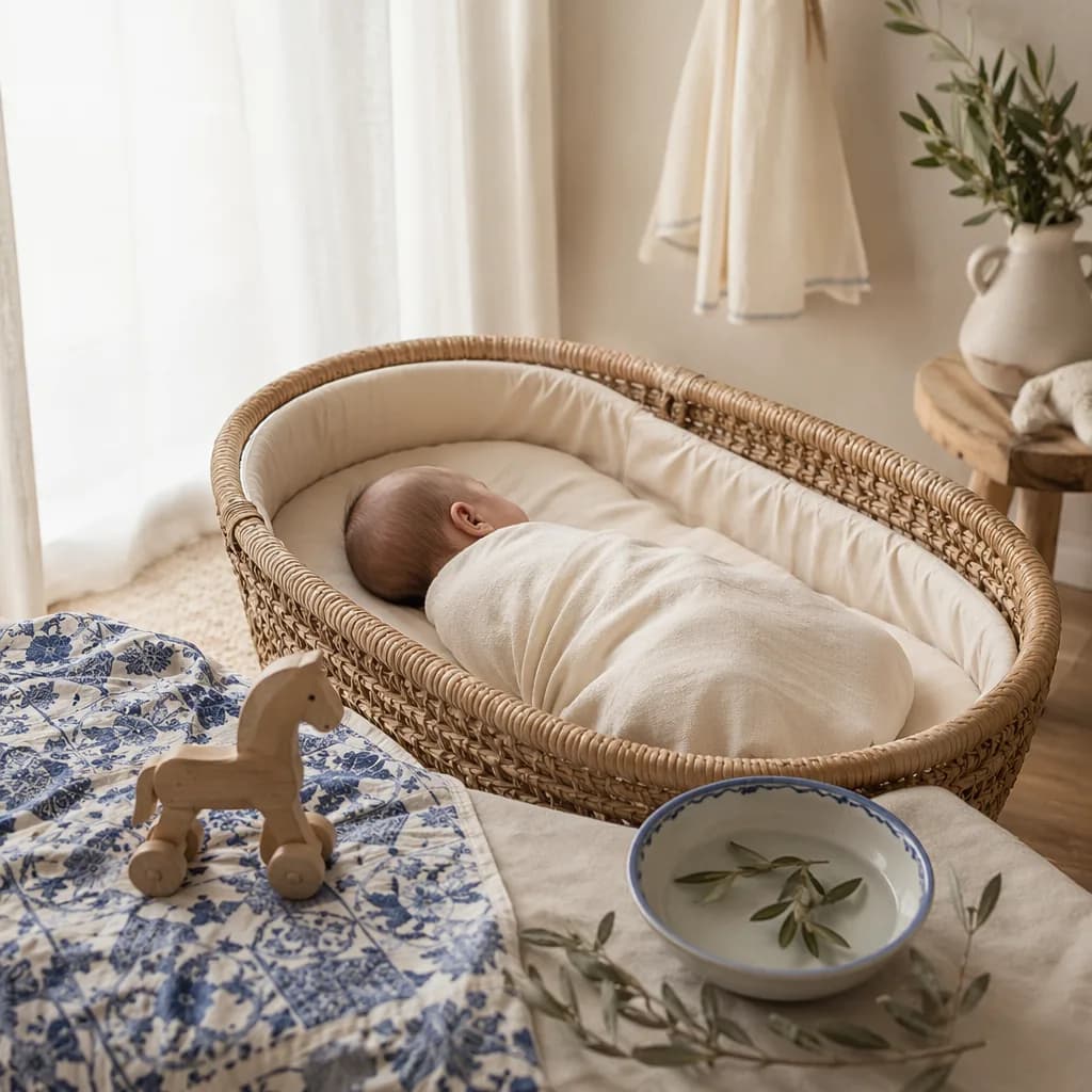 Peaceful Portuguese-inspired nursery with swaddled baby, toy horse, and soft baptismal symbolism.