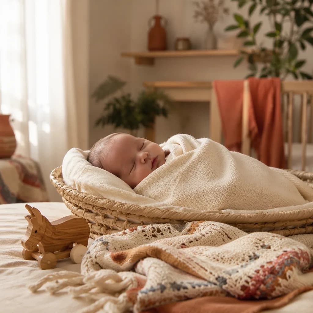 Newborn baby swaddled in a warm pastel nursery with Spanish-inspired accents.