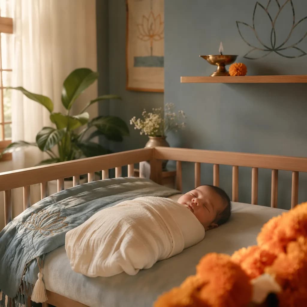 A softly lit Indian-inspired nursery with a swaddled sleeping newborn and gentle pastel decor.