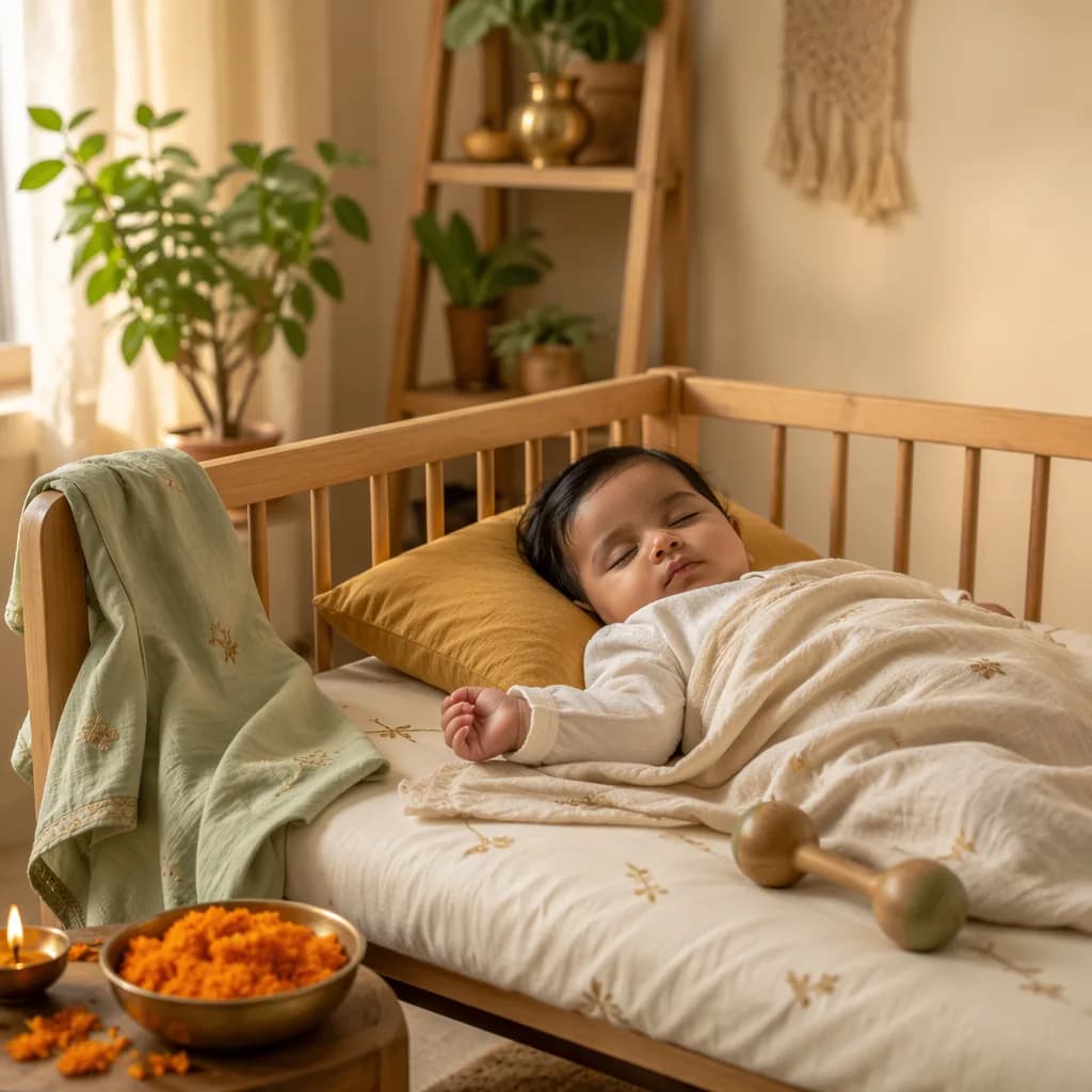Peaceful Indian baby sleeping in a softly lit pastel nursery with warm cultural accents.