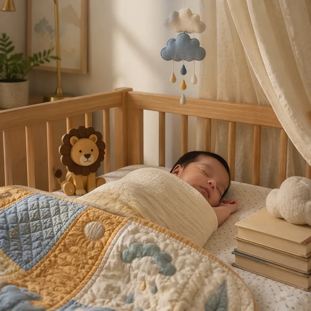 Sleeping baby in a warm pastel nursery with a wooden lion toy, cloud motifs, and stacked books.