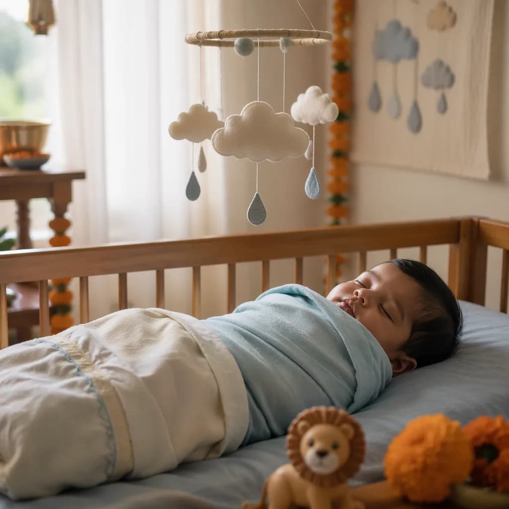 Sleeping baby in a cozy pastel Indian-inspired nursery with cloud mobile and wooden lion toy.
