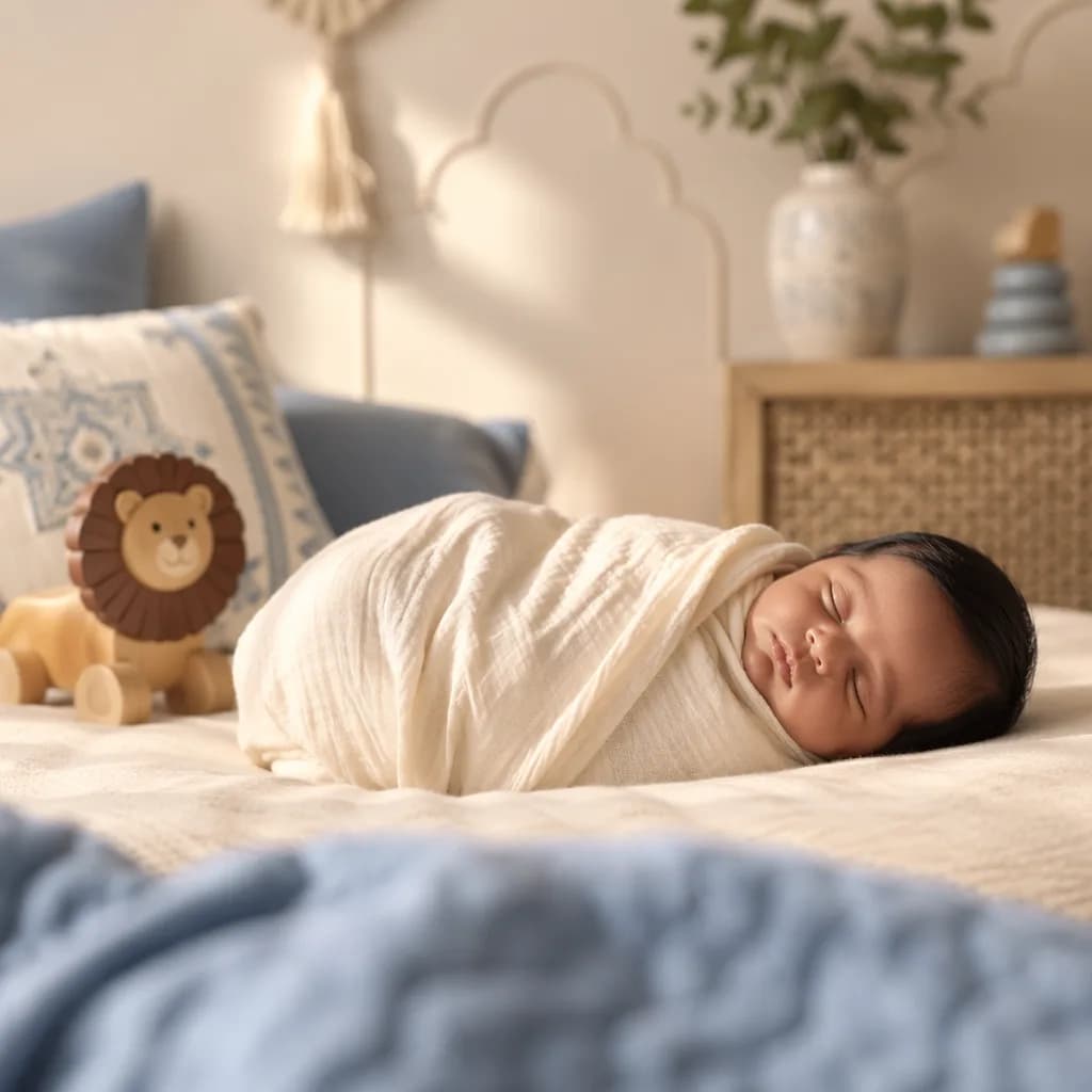Sleeping baby in a soft pastel nursery with a wooden lion toy symbolizing courage.