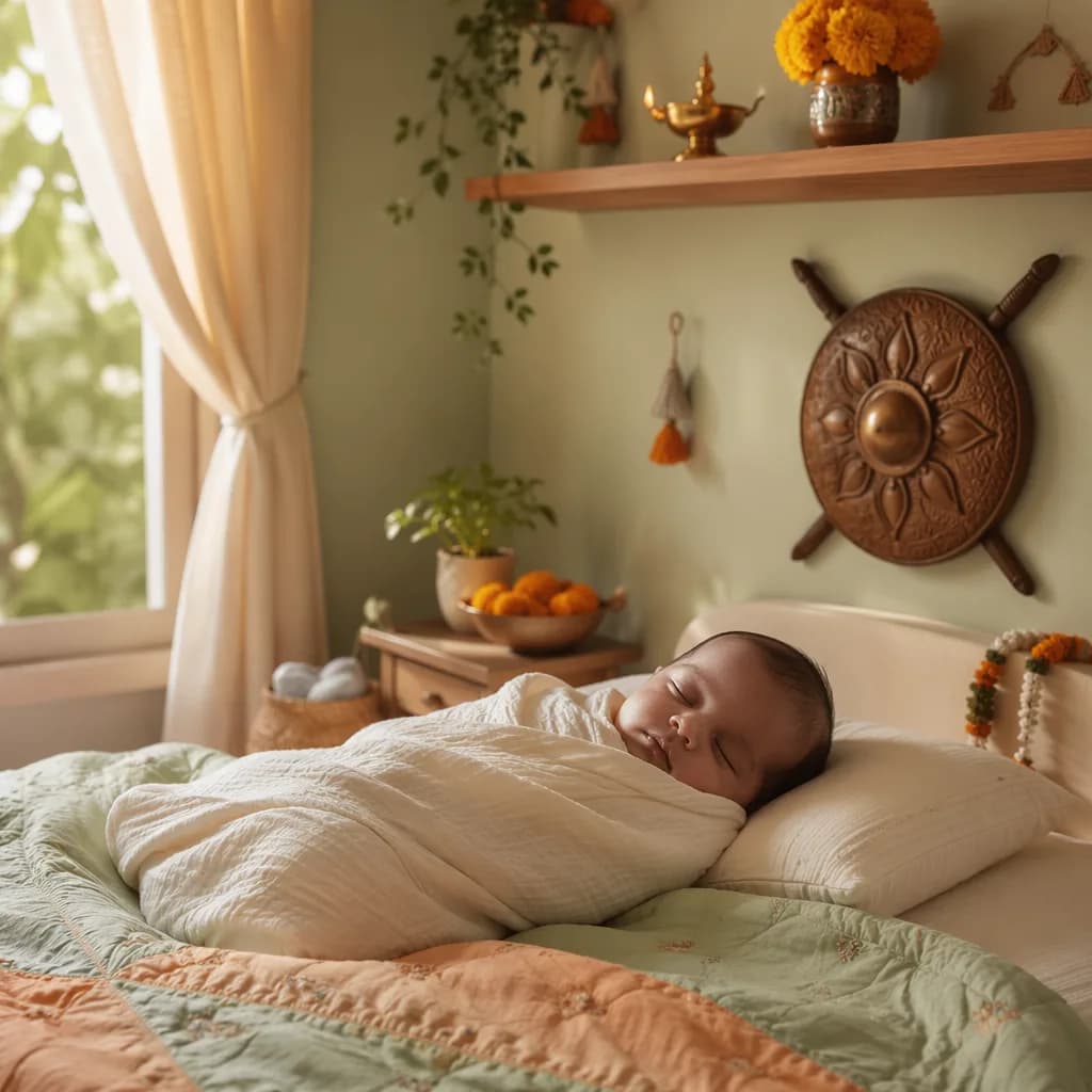 Sleeping swaddled baby in a soft pastel Hindi-inspired nursery with gentle cultural accents.