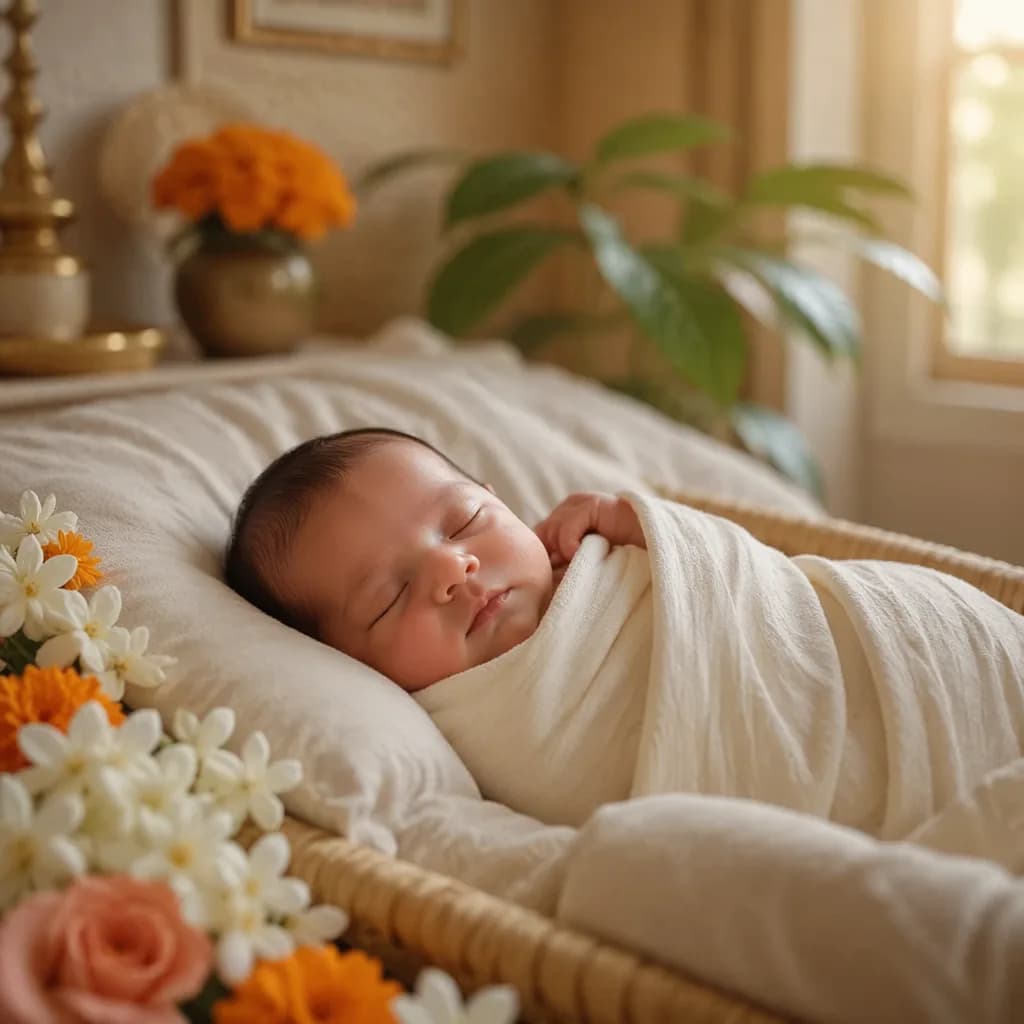 Peaceful newborn in a soft pastel nursery with gentle floral accents