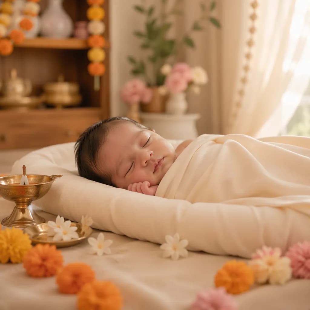 Sleeping newborn in a soft pastel nursery with gentle Indian-inspired details.
