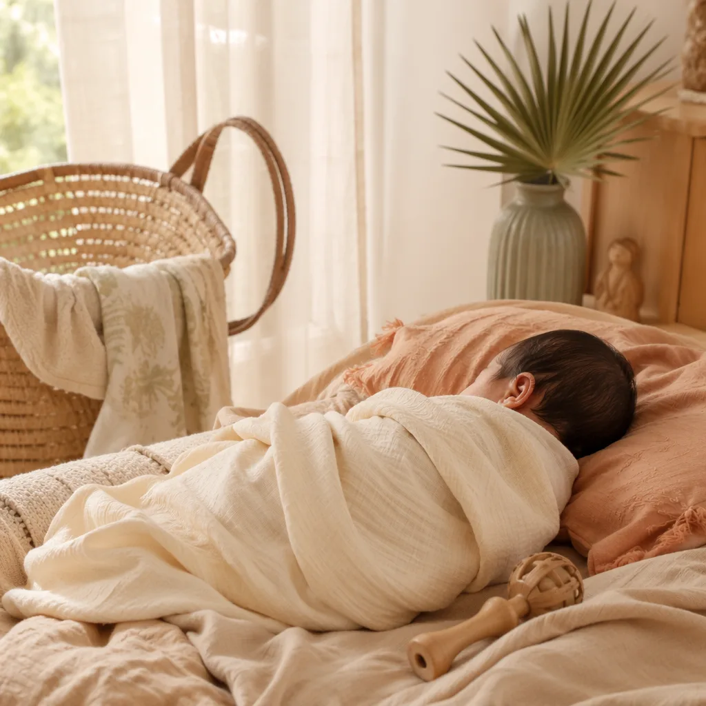 Sleeping newborn in a soft Swahili-inspired nursery with warm pastel tones and woven accents.