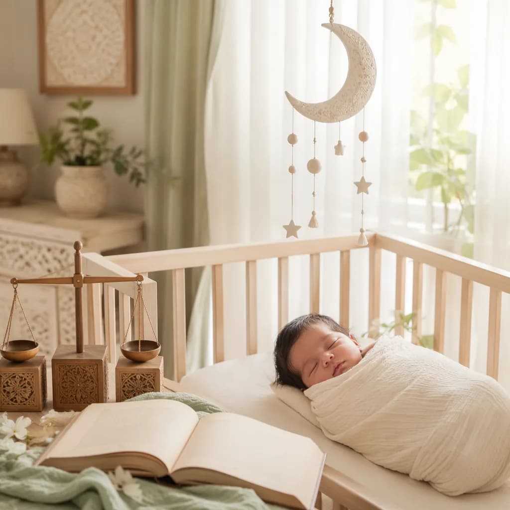 A peaceful newborn in a soft pastel nursery with gentle South Asian-inspired details.