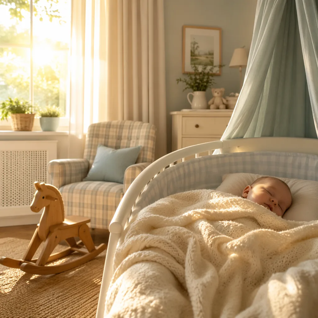 A sleeping baby in a cozy pastel nursery with soft golden morning light.